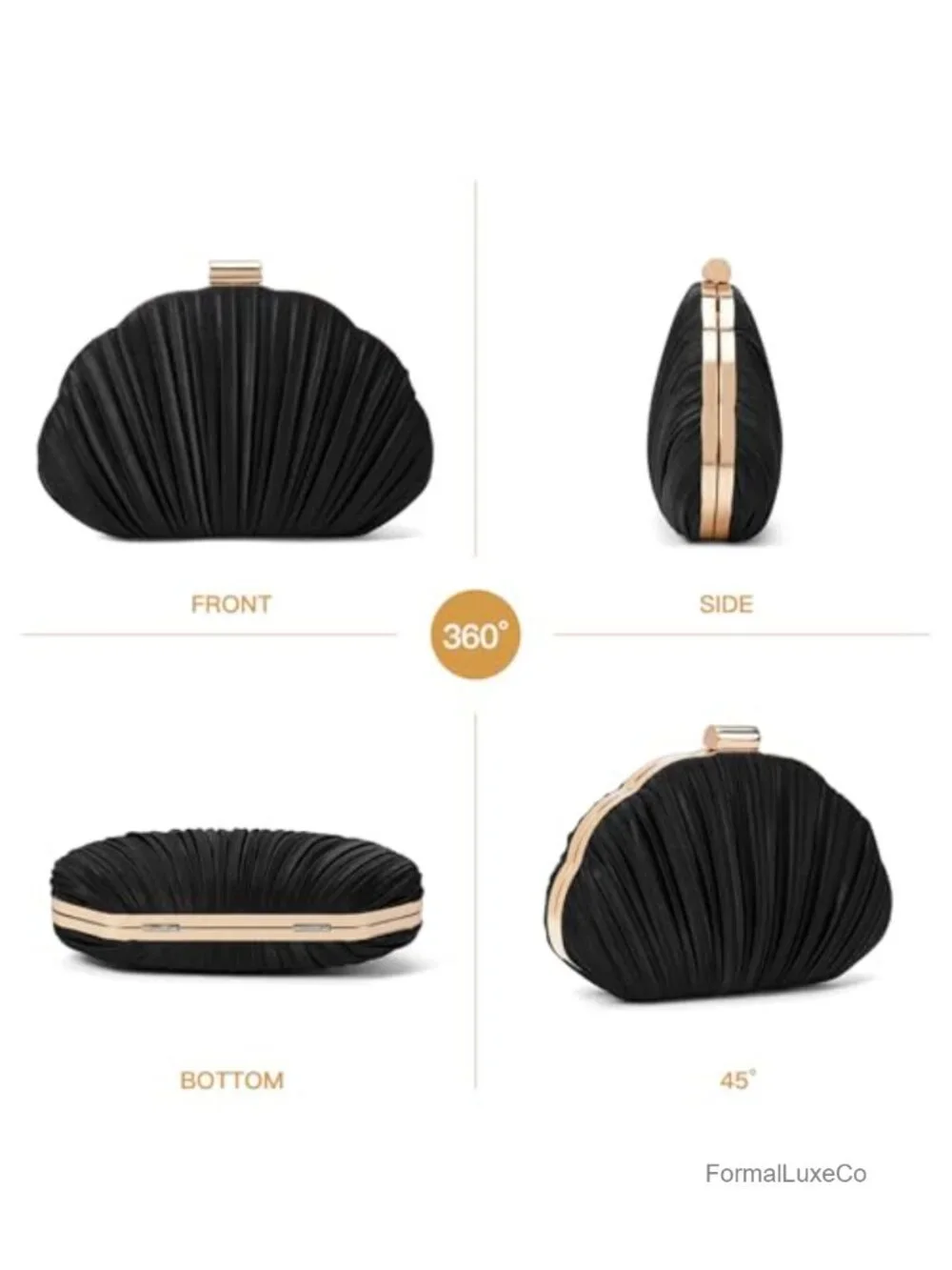 Pleated Satin Seashell Evening Clutch Purse with Chain - Wedding Formal Handbag
